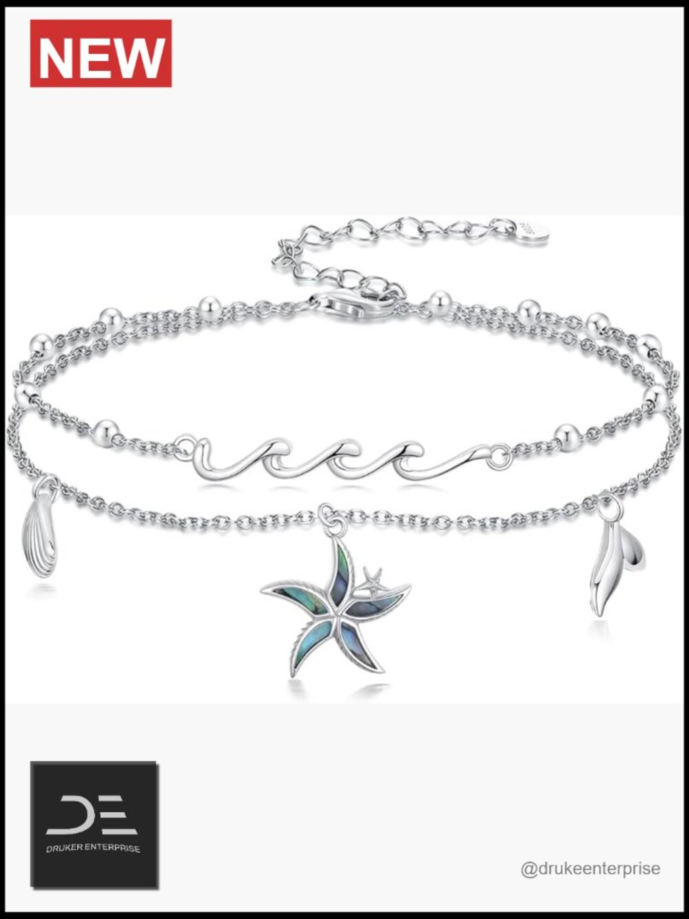 925 Sterling Silver Ocean Wave Anklet Bracelet with Sea Turtle Dolphin Starfish